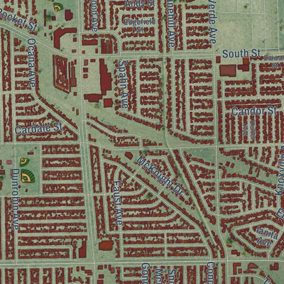 Close-up of the map of Lakewood, California print showing street and building detail