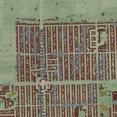 Second close-up of the map of Lakewood, California print showing more streets and buildings