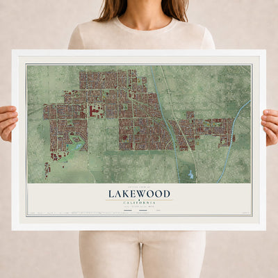 Map of Lakewood, California, 18 x 24 inch print in a white wood frame