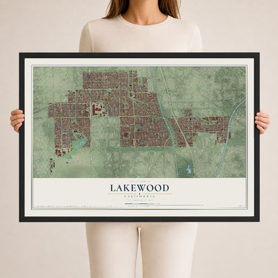 Map of Lakewood, California, 24 x 36 inch print in a black wood frame