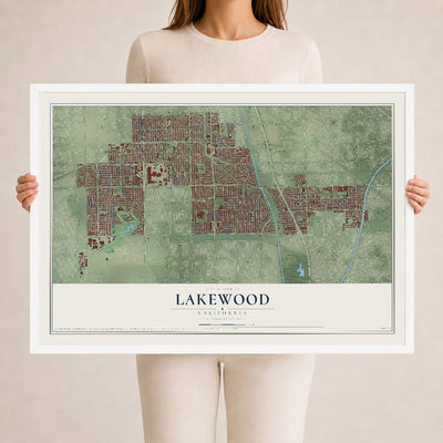 Map of Lakewood, California, 24 x 36 inch print in a white wood frame