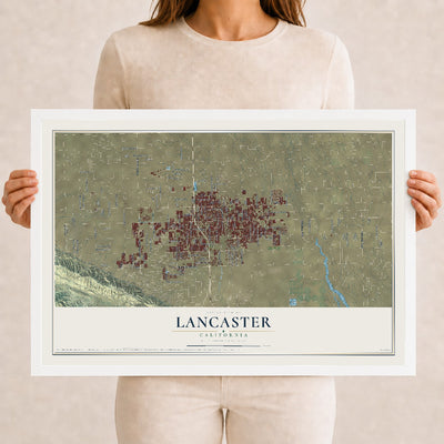 Map of Lancaster, California, 12 x 18 inch print in a white wood frame