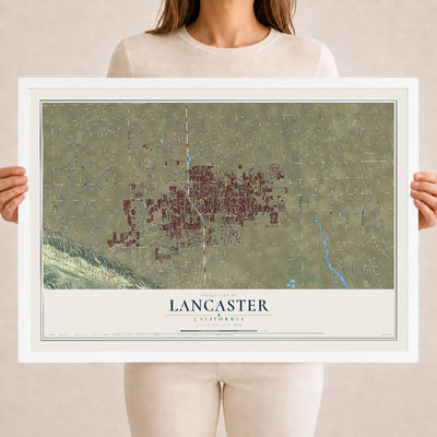 Map of Lancaster, California, 18 x 24 inch print in a white wood frame
