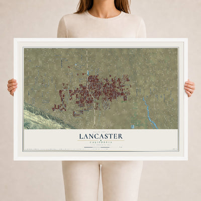 Map of Lancaster, California, 24 x 36 inch print in a white wood frame