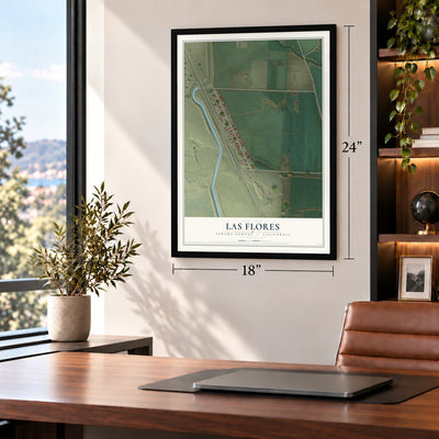 Las Flores, Tehama County, California map, 18 x 24 inch print in a black frame in a home office