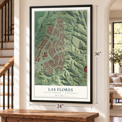Las Flores, California map, 24 x 36 inch print in a black frame by a staircase