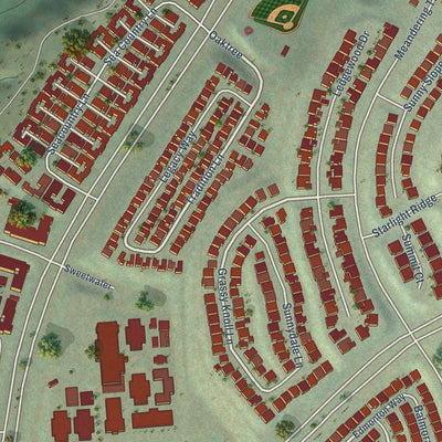 Close-up of the map of Las Flores, California print showing street and building detail