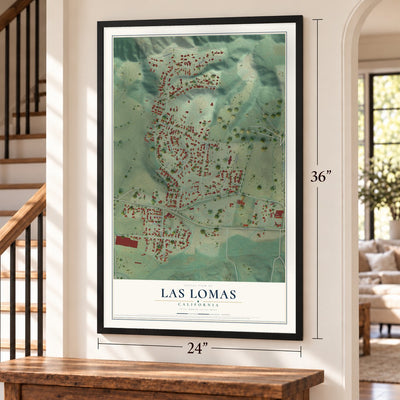 Las Lomas, California map, 24 x 36 inch print in a black frame by a staircase