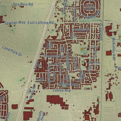Close-up of the map of Lathrop, California print showing street and building detail