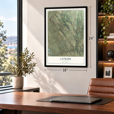Latrobe, California map, 18 x 24 inch print in a black frame in a home office