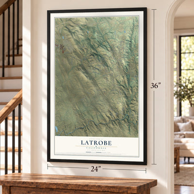 Latrobe, California map, 24 x 36 inch print in a black frame by a staircase
