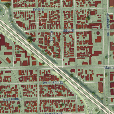 Second close-up of the map of Lawndale, California print showing more streets and buildings