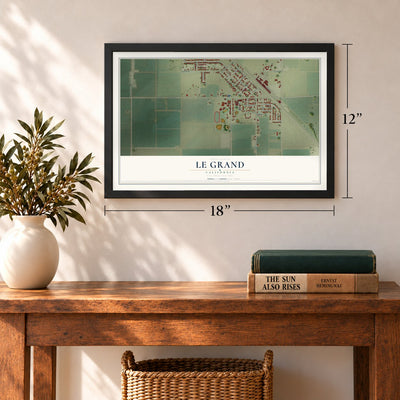 Le Grand, California map, 12 x 18 inch print in a black frame in an entryway