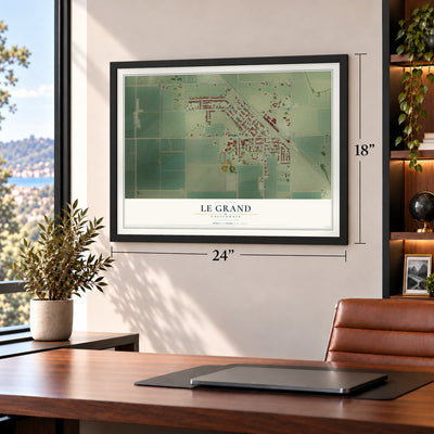 Le Grand, California map, 18 x 24 inch print in a black frame in a home office