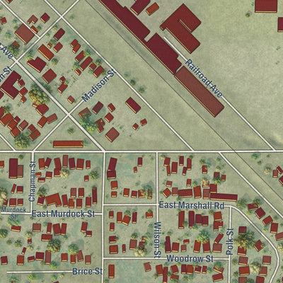 Close-up of the map of Le Grand, California print showing street and building detail