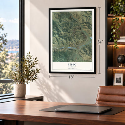 Lebec, California map, 18 x 24 inch print in a black frame in a home office