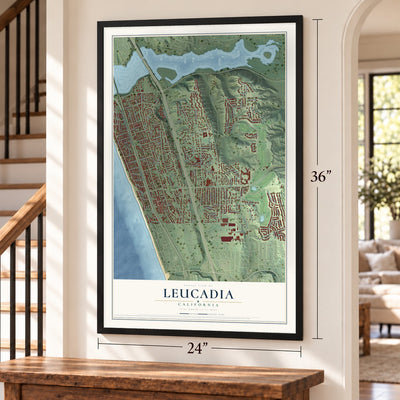 Leucadia, California map, 24 x 36 inch print in a black frame by a staircase