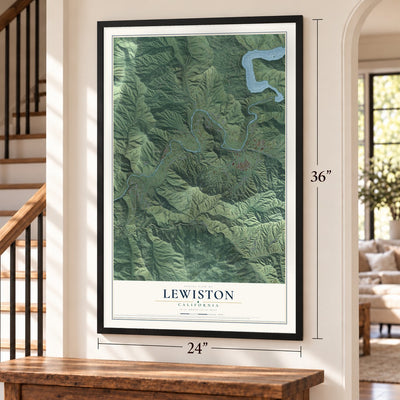 Lewiston, California map, 24 x 36 inch print in a black frame by a staircase