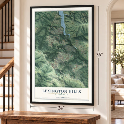 Lexington Hills, California map, 24 x 36 inch print in a black frame by a staircase