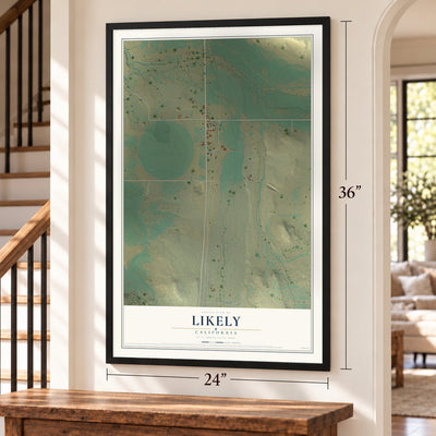 Likely, California map, 24 x 36 inch print in a black frame by a staircase