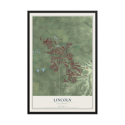 Map of Lincoln, California, 12 x 18 inch print in a black wood frame