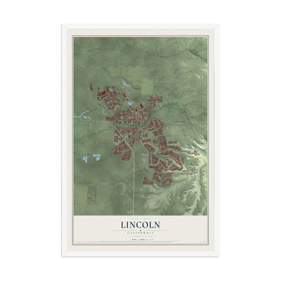 Map of Lincoln, California, 12 x 18 inch print in a white wood frame