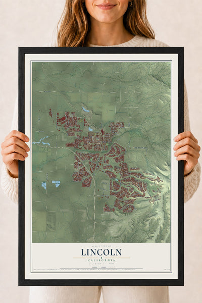 Map of Lincoln, California, 18 x 24 inch print in a black wood frame
