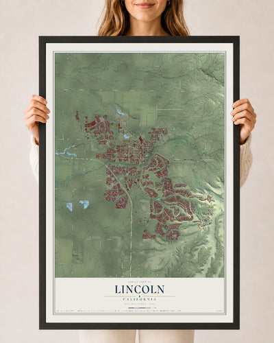 Map of Lincoln, California, 24 x 36 inch print in a black wood frame