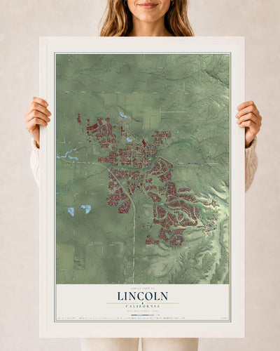 Map of Lincoln, California, 24 x 36 inch print in a white wood frame