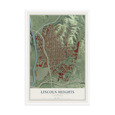 Map of Lincoln Heights, California, 12 x 18 inch print in a white wood frame