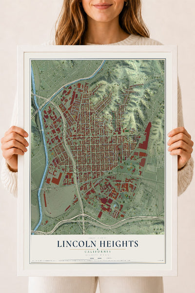 Map of Lincoln Heights, California, 18 x 24 inch print in a white wood frame