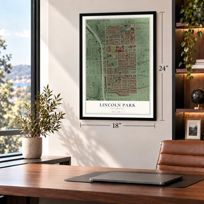 Lincoln Park, California map, 18 x 24 inch print in a black frame in a home office