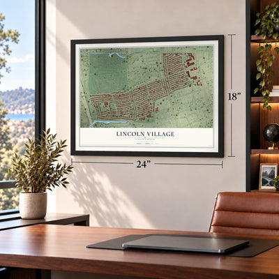 Lincoln Village, California map, 18 x 24 inch print in a black frame in a home office