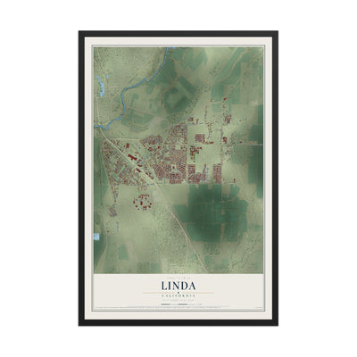 Map of Linda, California, 12 x 18 inch print in a black wood frame