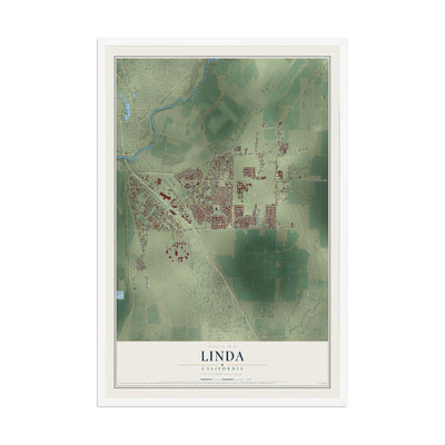 Map of Linda, California, 12 x 18 inch print in a white wood frame