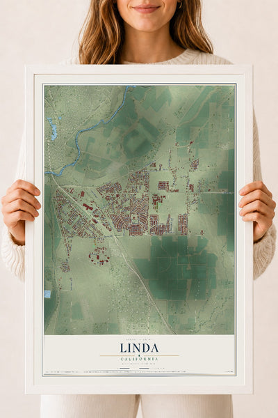 Map of Linda, California, 18 x 24 inch print in a white wood frame