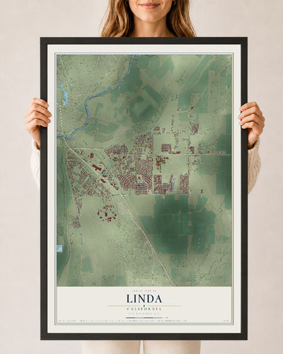 Map of Linda, California, 24 x 36 inch print in a black wood frame