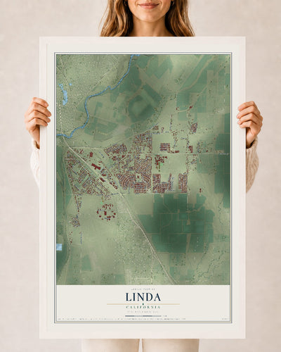 Map of Linda, California, 24 x 36 inch print in a white wood frame