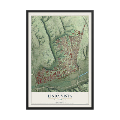 Map of Linda Vista, California, 12 x 18 inch print in a black wood frame