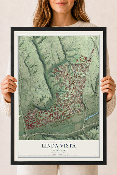 Map of Linda Vista, California, 18 x 24 inch print in a black wood frame