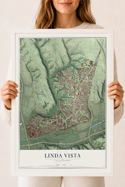 Map of Linda Vista, California, 18 x 24 inch print in a white wood frame