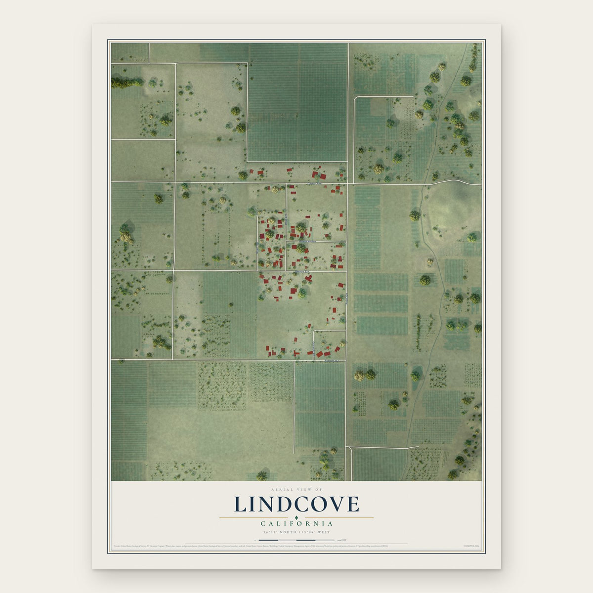 Lindcove, California map print, the full design