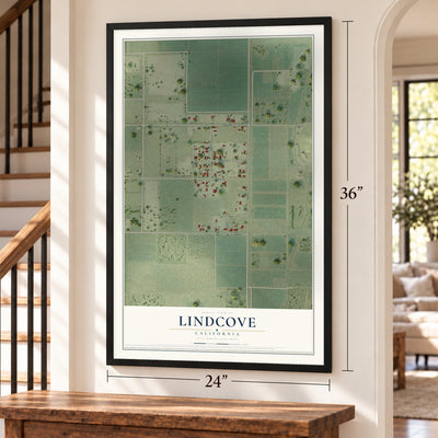 Lindcove, California map, 24 x 36 inch print in a black frame by a staircase