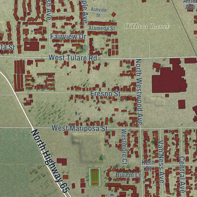 Second close-up of the map of Lindsay, California print showing more streets and buildings