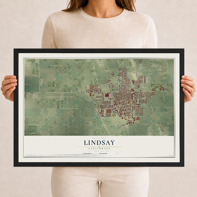 Map of Lindsay, California, 12 x 18 inch print in a black wood frame