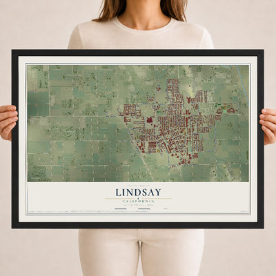 Map of Lindsay, California, 18 x 24 inch print in a black wood frame