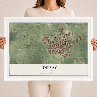 Map of Lindsay, California, 18 x 24 inch print in a white wood frame