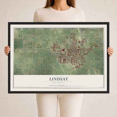 Map of Lindsay, California, 24 x 36 inch print in a black wood frame