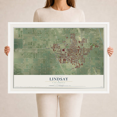 Map of Lindsay, California, 24 x 36 inch print in a white wood frame