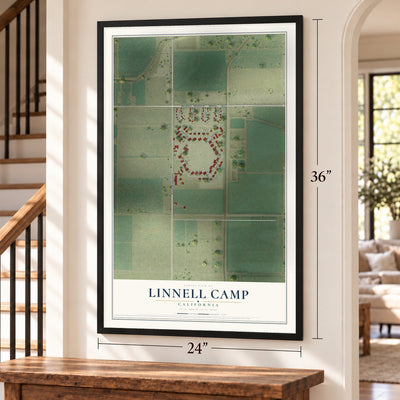 Linnell Camp, California map, 24 x 36 inch print in a black frame by a staircase